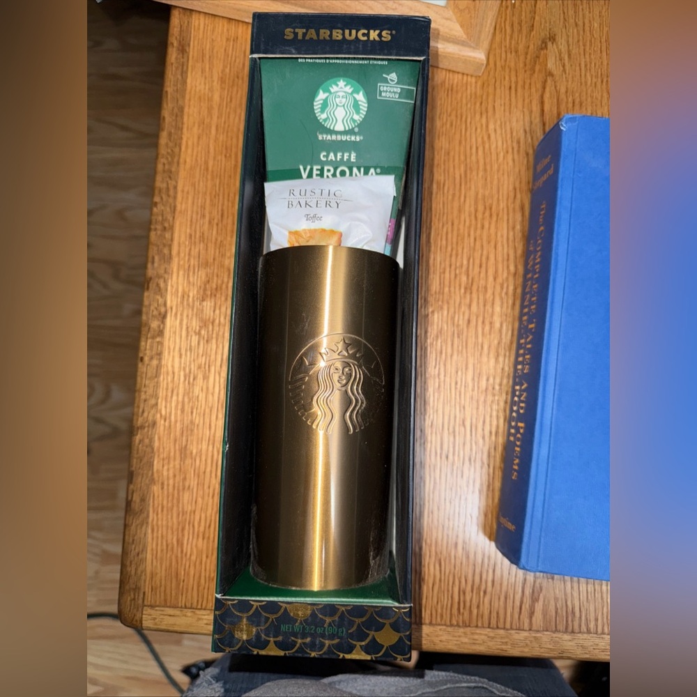 Starbucks Gold Travel Mug Gift set Caffè Verona Metal  Gold Cup Clear Lid NEW